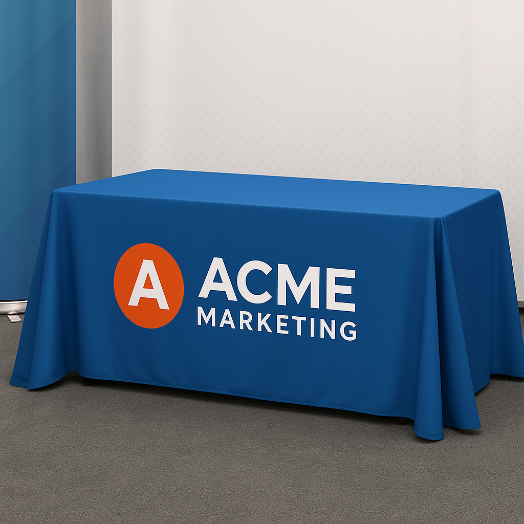 A custom event tablecloth with a printed logo, displayed in a professional booth.